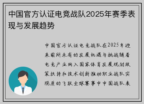 中国官方认证电竞战队2025年赛季表现与发展趋势